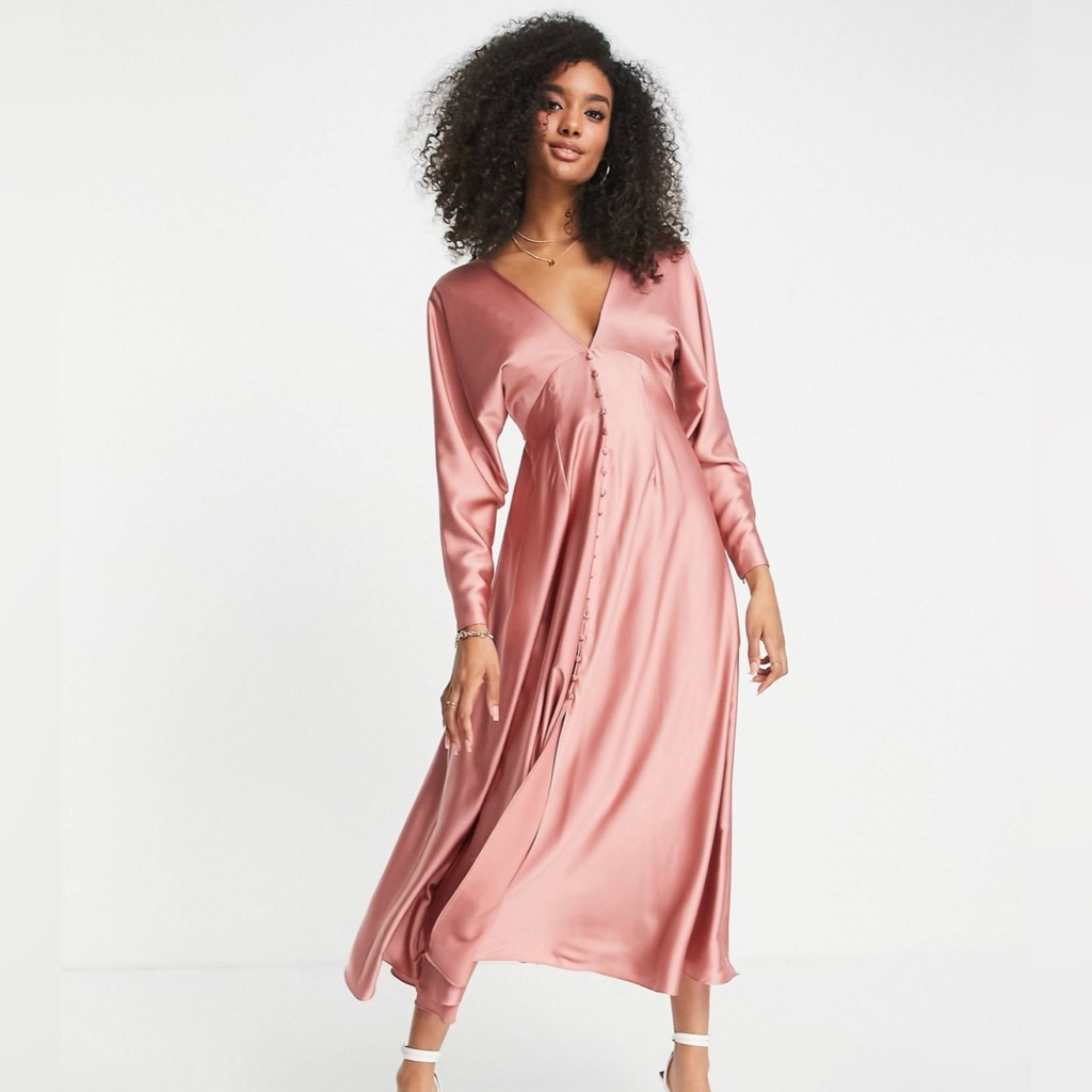 Asos Edition | Satin, Latticedback Midi Dress In Dusky Rose Nwt
